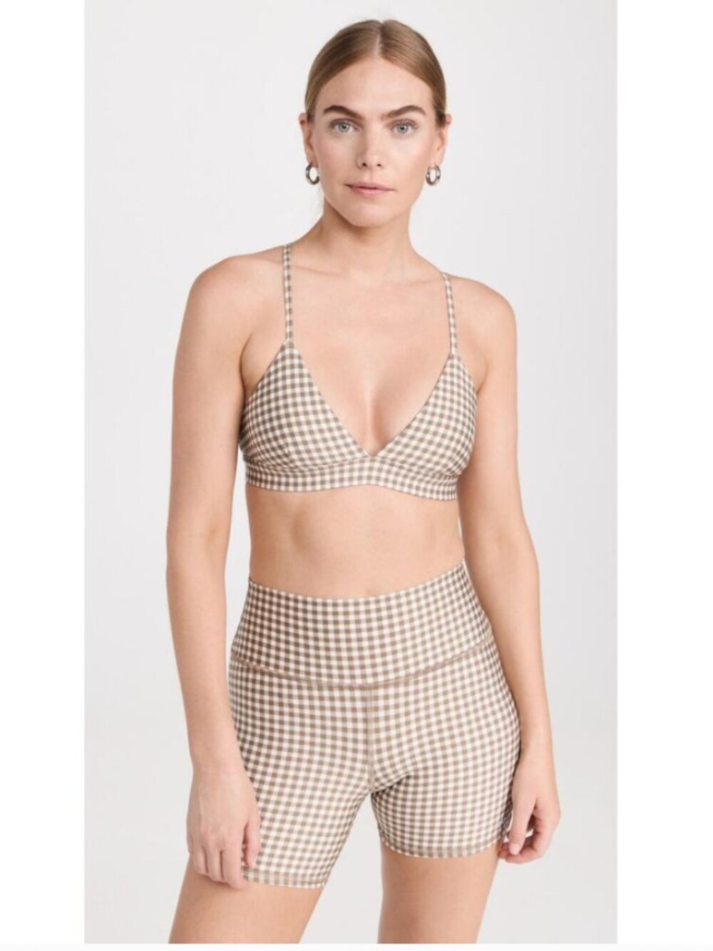 Alo Yoga Airlift Splendor Gingham Bra and 5" Energy Shorts Medium Macadamia